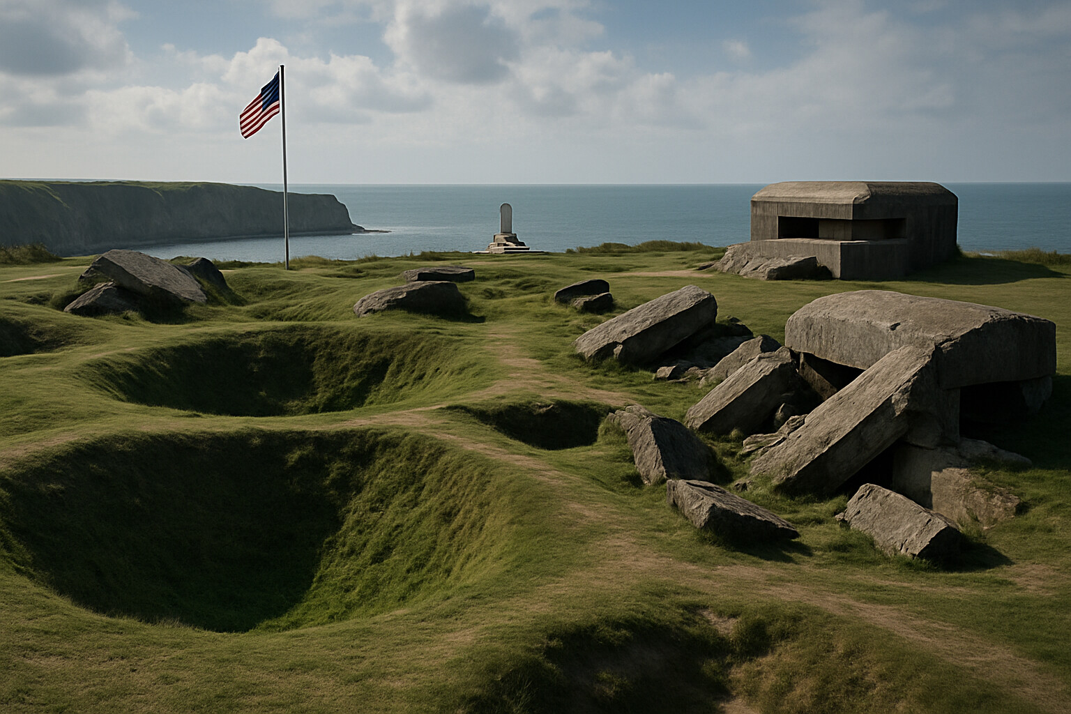 Story-specific legacy panel: The preserved Pointe du Hoc site today — the bomb craters and broken concrete intact, the American flag visible, the cliff edge in the background above the Channel