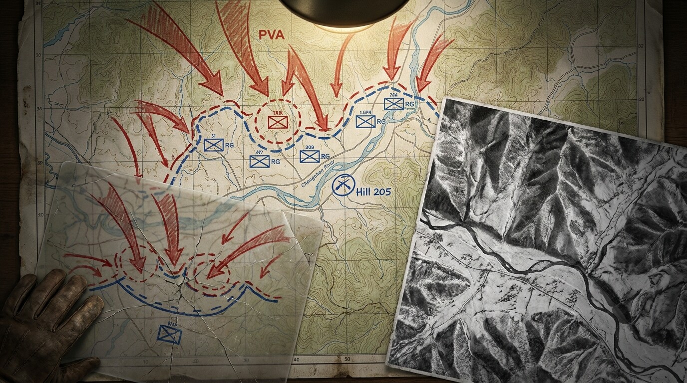 Strategic context map panel: A rendered illustration of a period-style military map showing the Korean peninsula, the Chongchon River valley, the Unsan sector, and arrows indicating the Chinese Second Phase Offensive surge against the Eighth Army line, with Hill 205 marked.