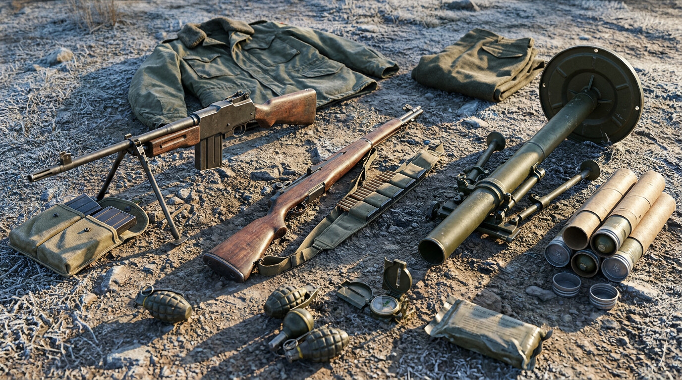 Equipment breakdown panel: A detailed, forensically accurate still-life spread of Ranger kit from November 1950 — M1 Garand with en-bloc clip, BAR with bipod deployed, M2 60mm mortar tube and baseplate, M26 grenade, M1951 winter uniform components, arranged on frozen ground as if set out for inspection.