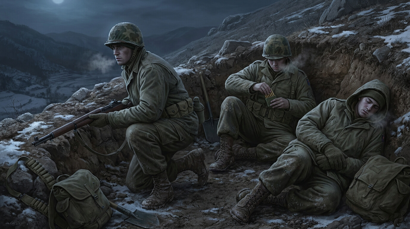 Intimate human scene: A small group of Rangers in a fighting hole on Hill 205 in the hours before the assault — one man on watch, the others checking ammunition and equipment, breath visible in the cold air, their faces visible in dim light, young and alert.