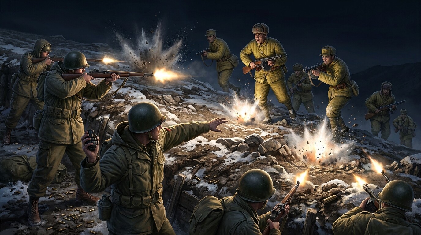 Action peak panel: The third or fourth Chinese assault cresting the forward edge of the Ranger perimeter — Chinese soldiers emerging from darkness into the Ranger fighting line, Rangers engaging at point-blank range, grenade explosions on the slope below, chaos and noise compressed into one frame.