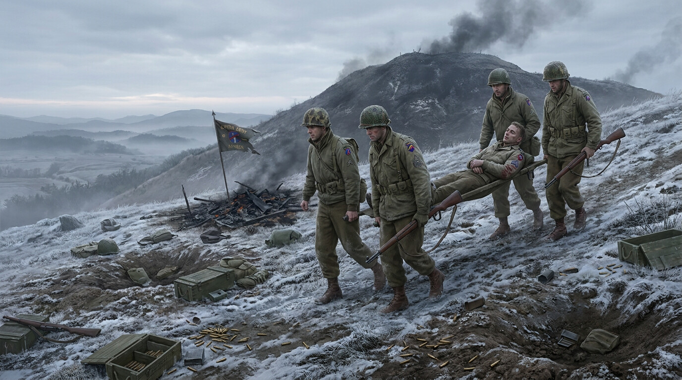 Cost and aftermath panel: Rangers carrying the wounded Puckett down Hill 205 at first light — his men refusing to leave him, moving through a terrain of frost and spent cartridges, the hill behind them smoke-marked and scarred.