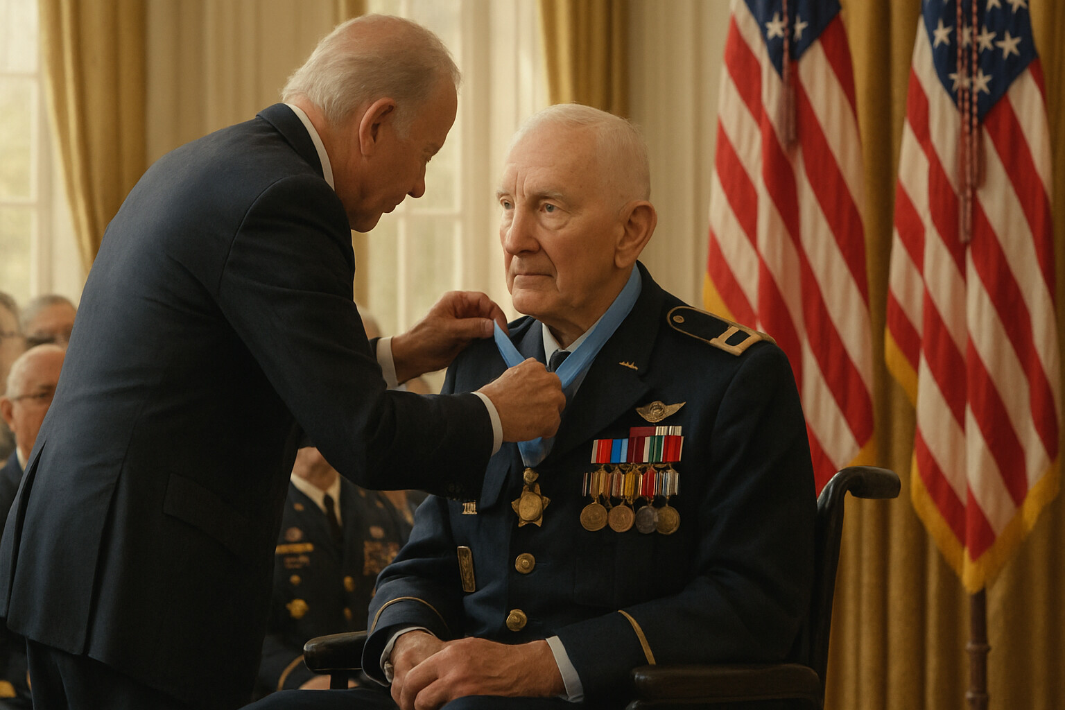 Legacy and record panel: A ninety-four-year-old Ralph Puckett in Army dress uniform at the White House in May 2021, the Medal of Honor being placed around his neck — a moment that spans seven decades, connecting the frozen hilltop to the ceremonial present.