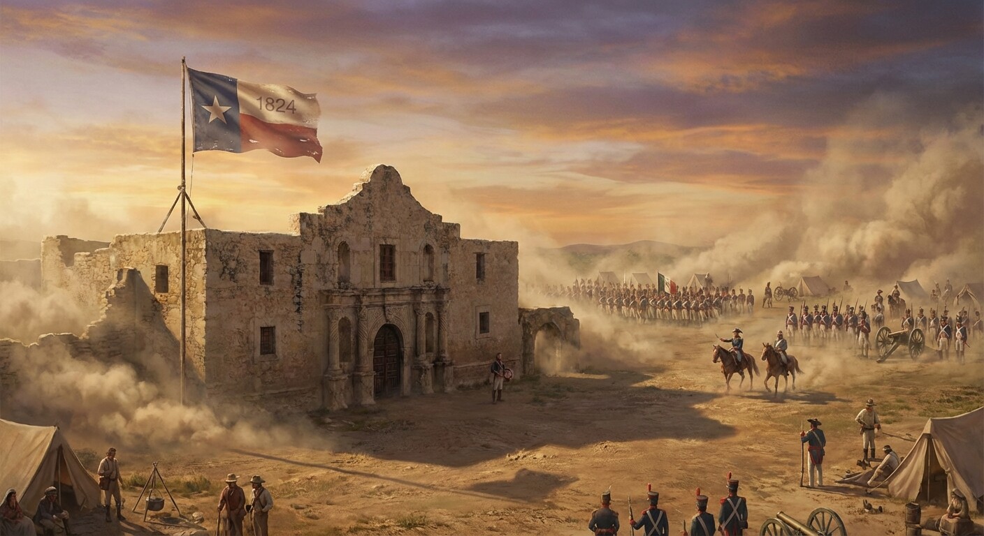 The Alamo mission compound surrounded by Santa Anna's army