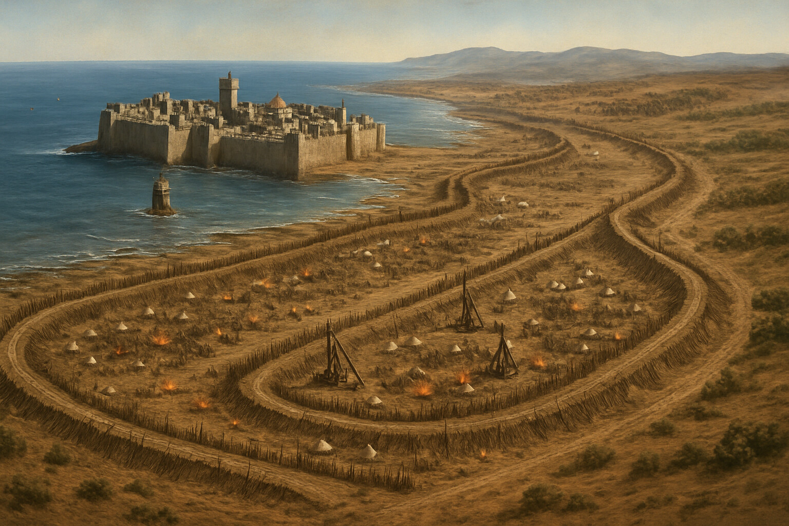 Establishing panoramic view: the siege of Acre from above and to the east, showing the double ring of Crusader fortifications — the inner line facing the city's walls, the outer contravallatation facing the hills where Saladin's army waits. The city's peninsula and harbor mouth are visible to the west. The scale of the operation is evident.