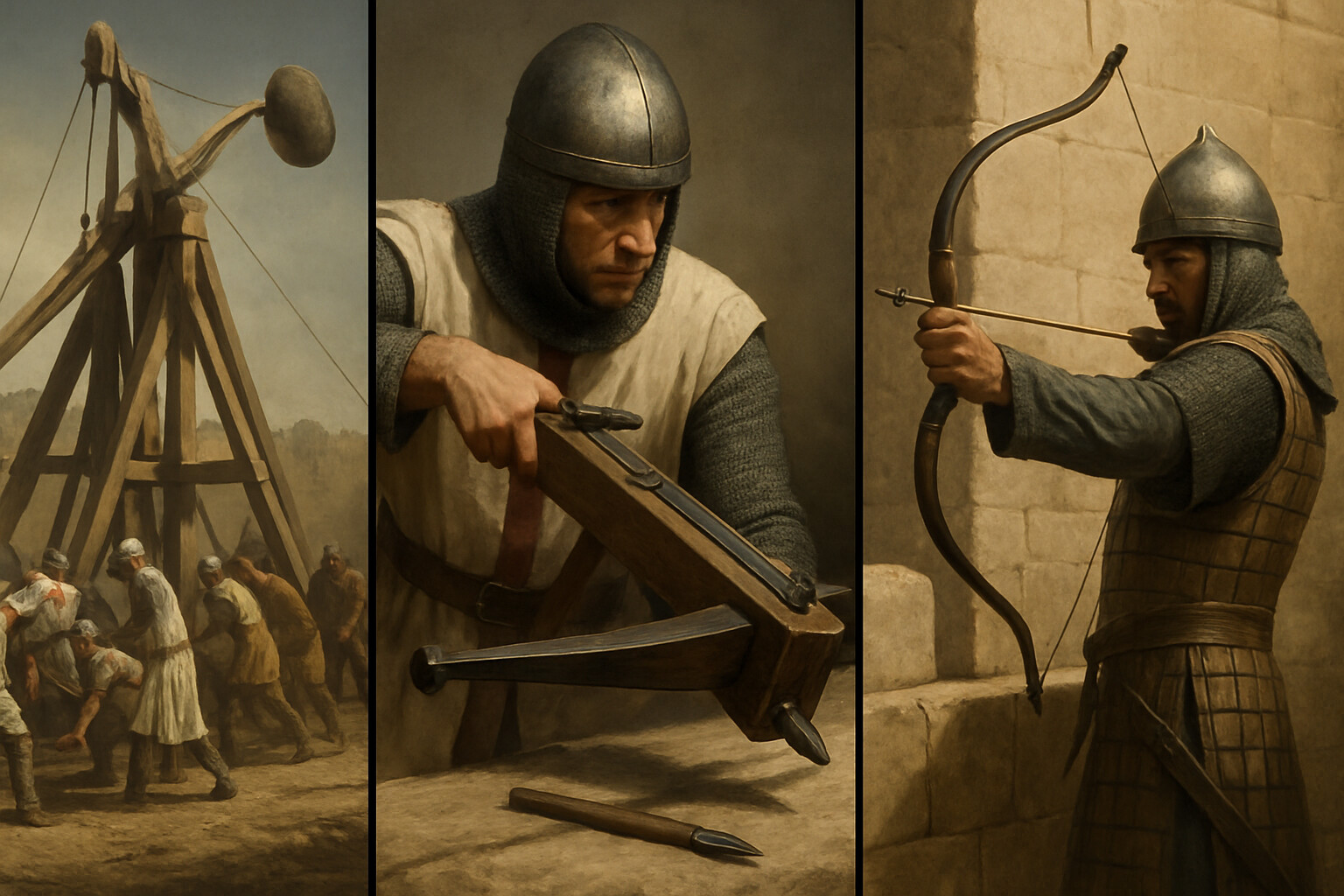 Equipment breakdown panel: side-by-side detailed study of the primary weapons at Acre — a counterweight trebuchet with crew operating it, a crossbowman spanning his weapon using a stirrup and belt-hook, and an Ayyubid archer on the wall with a composite recurved bow. Each clearly shown in accurate 12th-century detail.
