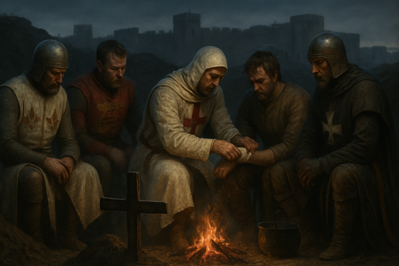 Intimate human scene: inside the Crusader siege camp at dusk. Exhausted soldiers from multiple nations around a small fire — a French knight in a white surcoat with a fleur-de-lis, an English man-at-arms, a Templar in white mantle with red cross. One man tends a wound on another's arm. Between them, a rough wooden cross marks a fresh burial mound. The human cost of the two-year siege rendered in quiet, tired faces.
