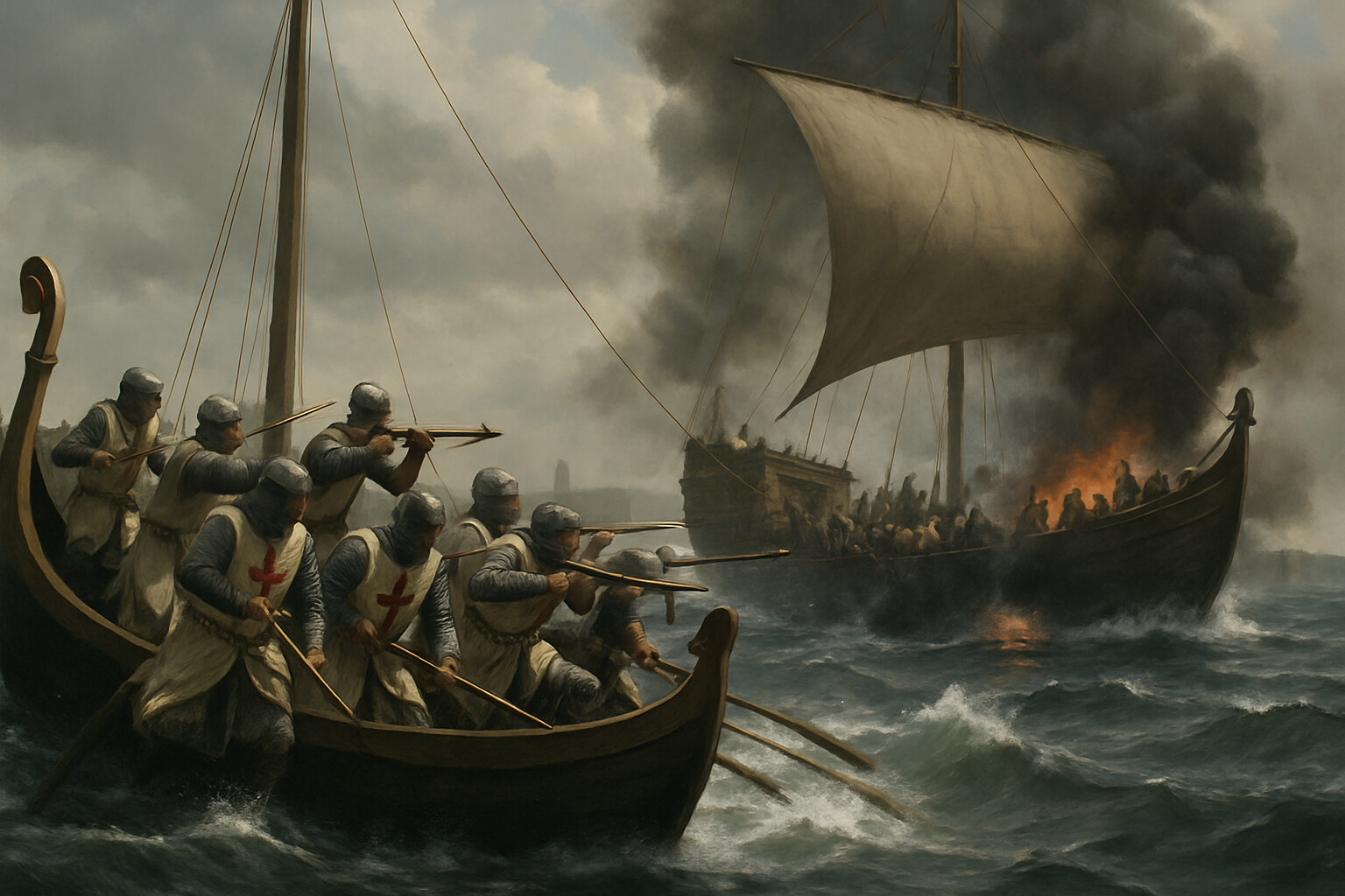 Dramatic action scene: a Crusader galley engaging the large Ayyubid supply ship attempting to run the blockade. Crusader marines in mail and surcoats boarding or firing crossbows from the galley rail. The larger Ayyubid vessel lists, smoke beginning to rise. The sea is rough; Acre's walls and harbor mouth visible in the background.