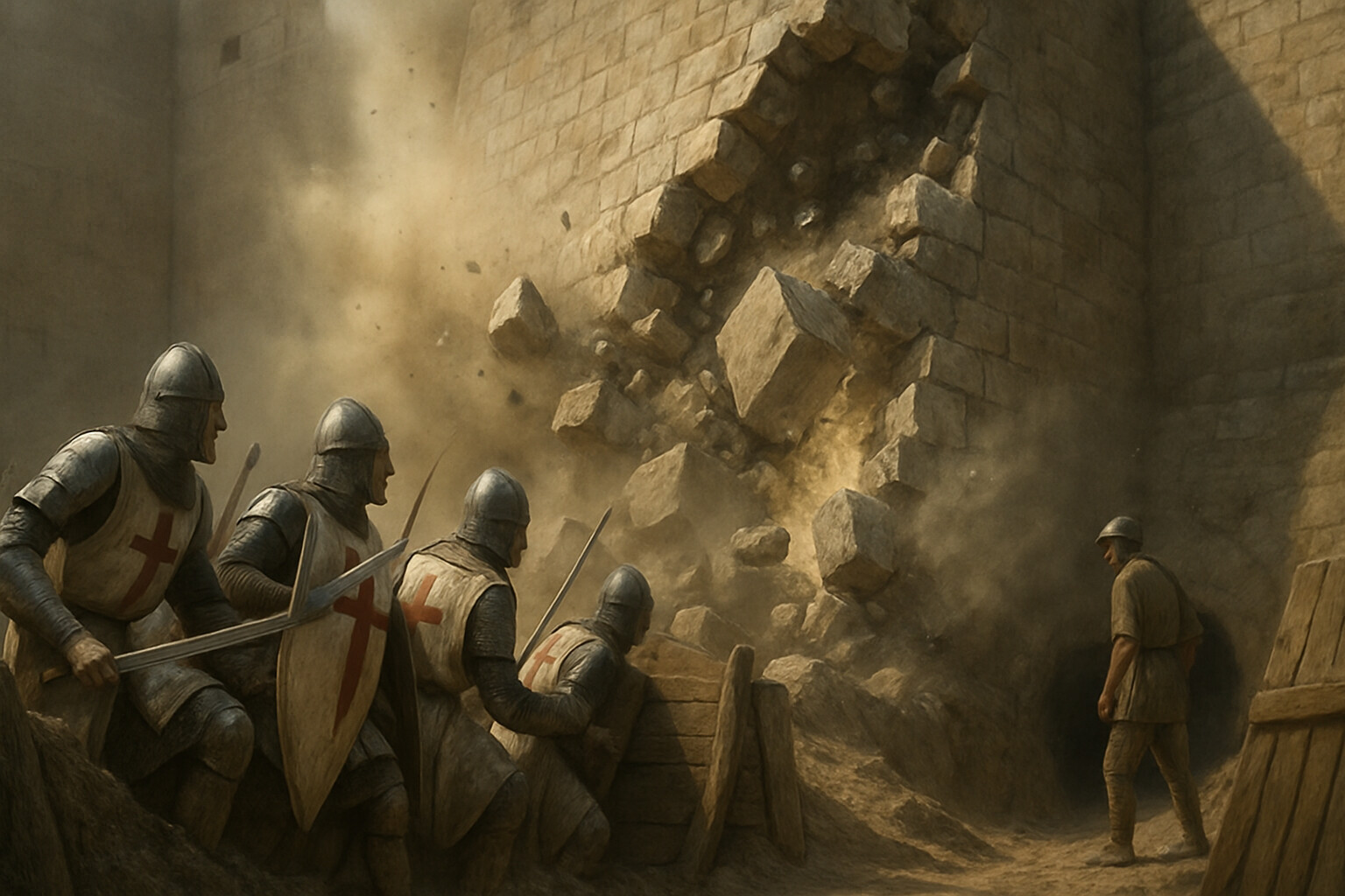 The fall of the Accursed Tower: the moment of collapse during the mining operation. A section of Acre's massive city wall — specifically the salient tower — crumbles inward as the mine fires below the foundations. Crusader soldiers in siege lines watch from cover; dust and stone fill the air. A crack of light appears where solid wall stood moments before.