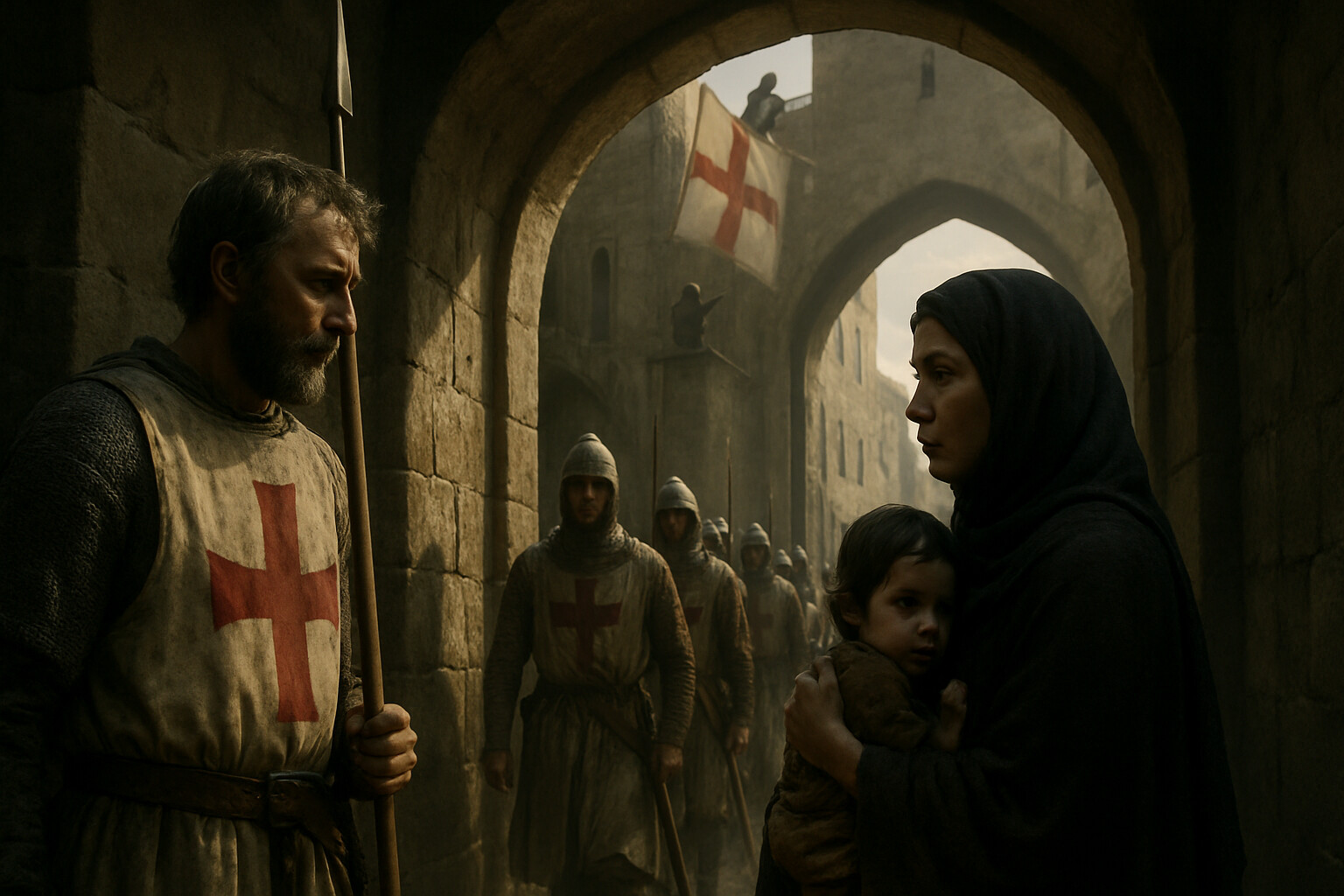 Aftermath and legacy: The gates of Acre open and Crusader soldiers enter, the red cross banner being raised on a tower. In the immediate foreground, a Crusader soldier and a Muslim civilian — a woman with a child — face each other in the gateway. The emotional complexity of conquest is in the scene: the soldier's expression is not triumphant but tired; the civilian's is wary. The moment captures what the fall of the city meant at ground level.