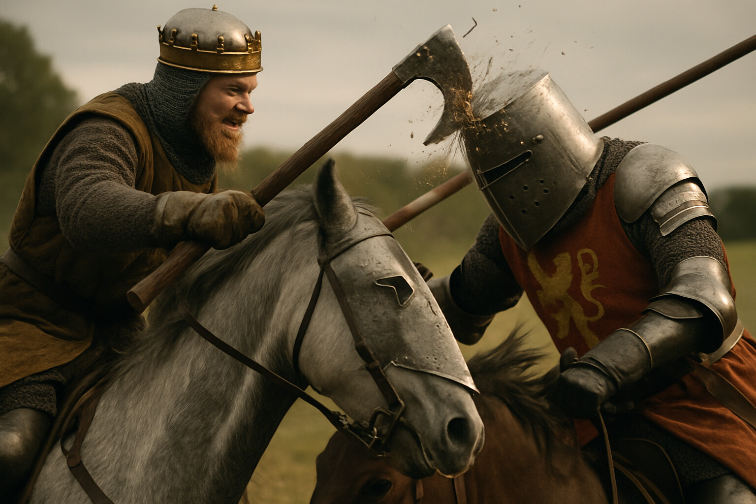 The kill: Bruce rising in his stirrups as de Bohun's lance misses by inches, the axe already in its downward arc, the blow landing on de Bohun's great helm with enough force to split it. De Bohun already going sideways. The axe haft in the process of shattering.