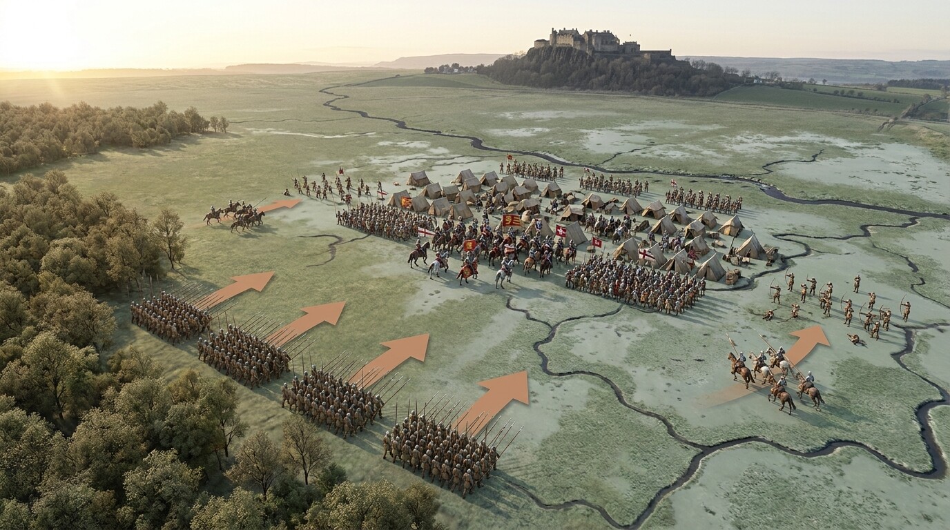 Aerial or elevated map view illustration of the Bannockburn battlefield showing the New Park tree line, the carse, the Bannock Burn, the English army encampment, and directional arrows for the Scottish advance on June 24.