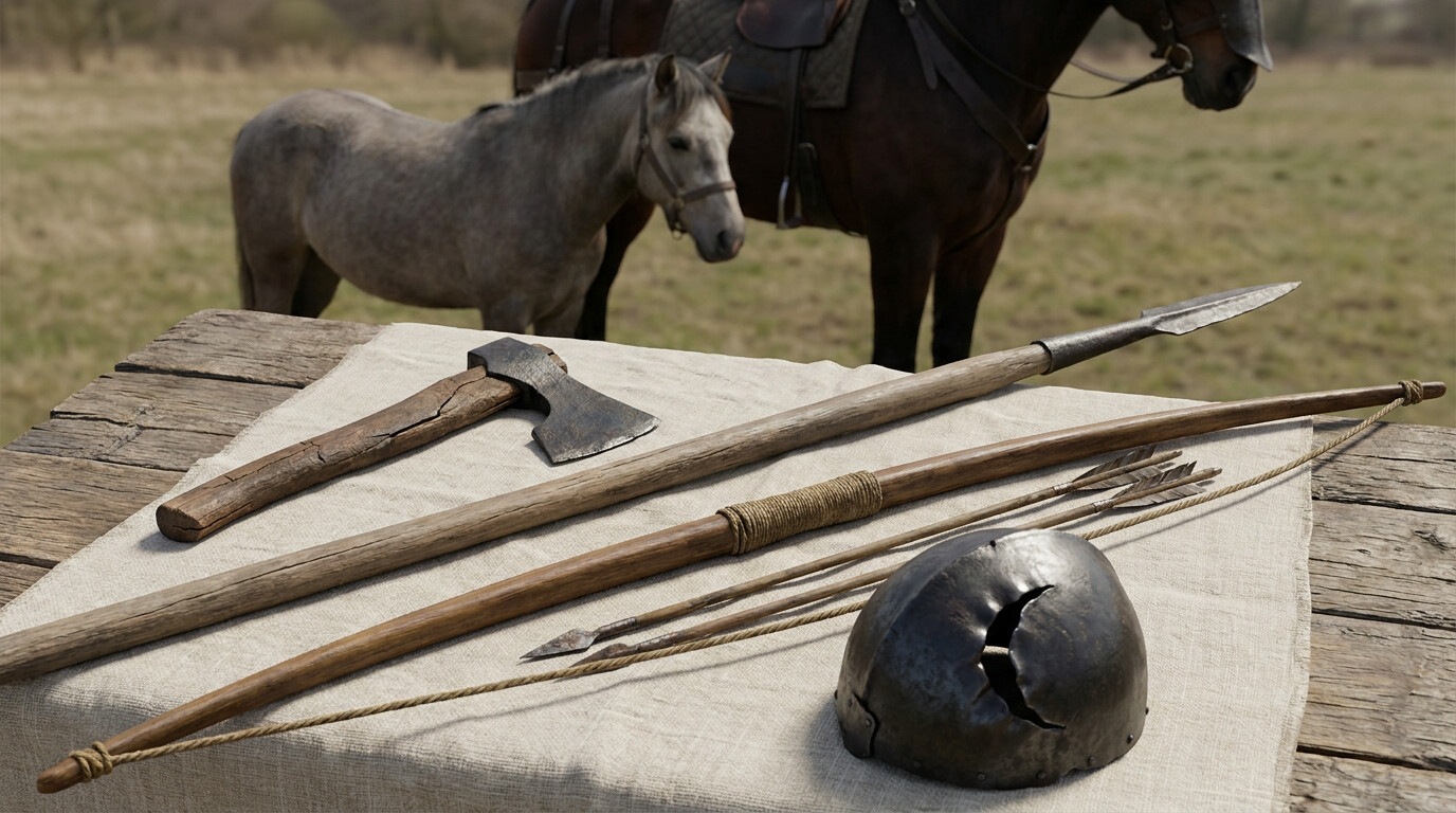 Equipment detail panel: the weapons of Bannockburn laid out or shown in use — the hand axe, schiltron spear, English longbow, and the contrast between Bruce's light palfrey and the English destrier. A craftsman's or historian's close examination of the tools of the battle.