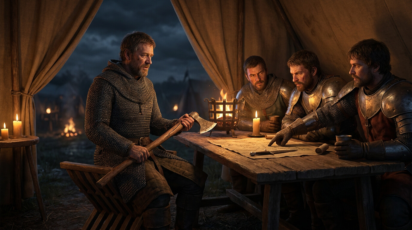 The intimate human scene: the night of June 23. Robert the Bruce in a commander's tent or at a fire, surrounded by his senior commanders — Douglas, Randolph, Edward Bruce. One man is describing the ground. Bruce sits with the broken axe haft in his hands, turning it over. The firelight is low. The mood is focused, not celebratory.