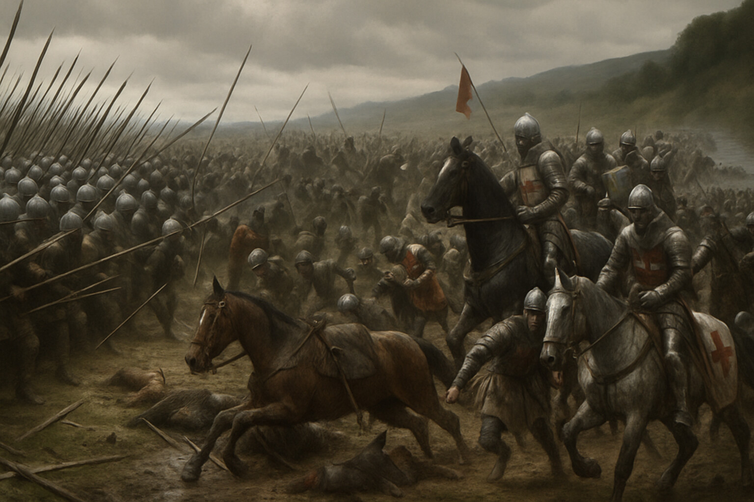 The rout: June 24 afternoon. The English formation breaking apart on the carse. Horses going down in soft ground. Schiltrons pressing from the left. The Bannock Burn in the background trapping the fleeing English. Edward II's household knights pulling him away from the collapsing center.