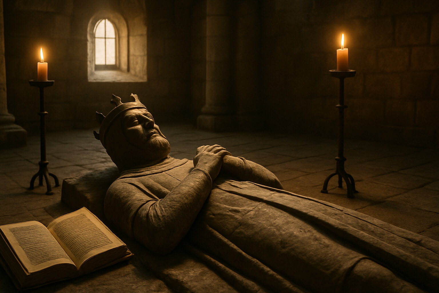 Legacy and record: Dunfermline Abbey, where Bruce is buried. The stone floor of the Abbey nave, a carved effigy of a king, warm candlelight. In the corner or foreground, an open page of a medieval chronicle — Barbour's The Brus — showing the dense Scots vernacular text, the kind of source from which history pieces together what happened. A historian's quiet moment of record and memory.