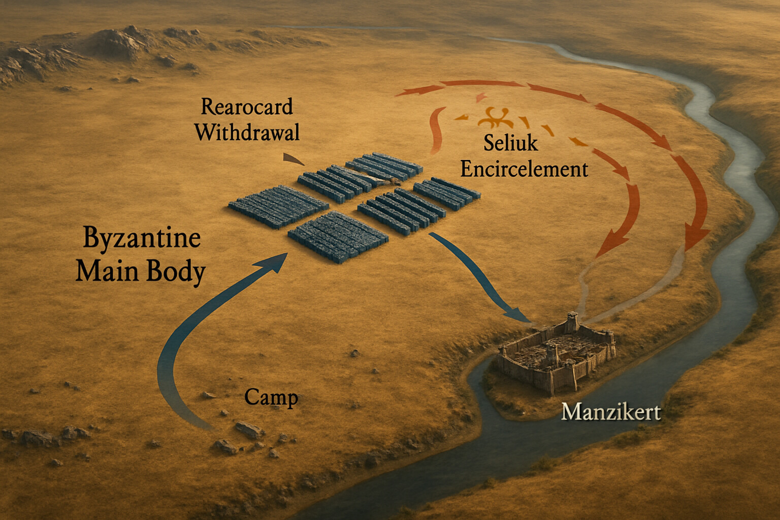 Map-style visualization of the battlefield at Manzikert: the plateau, the town, and the Byzantine and Seljuk positions with the fatal gap shown
