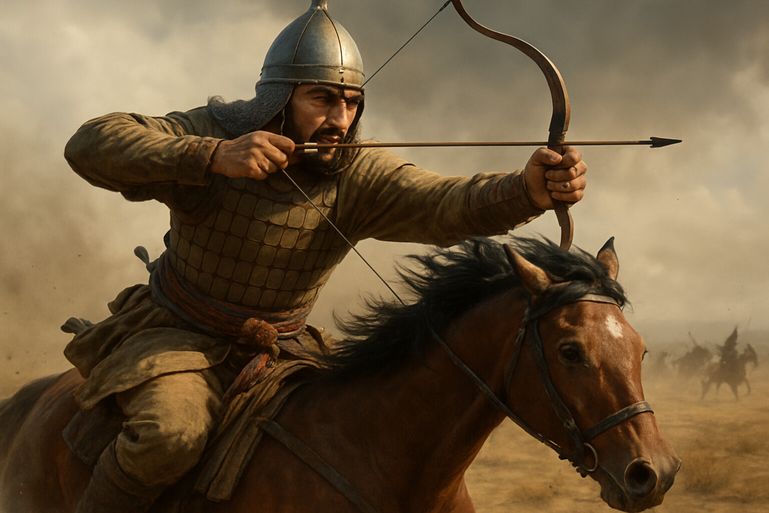 Seljuk horse archer in full action: composite recurve bow drawn, horse at full gallop, arrow loosed toward Byzantine formation
