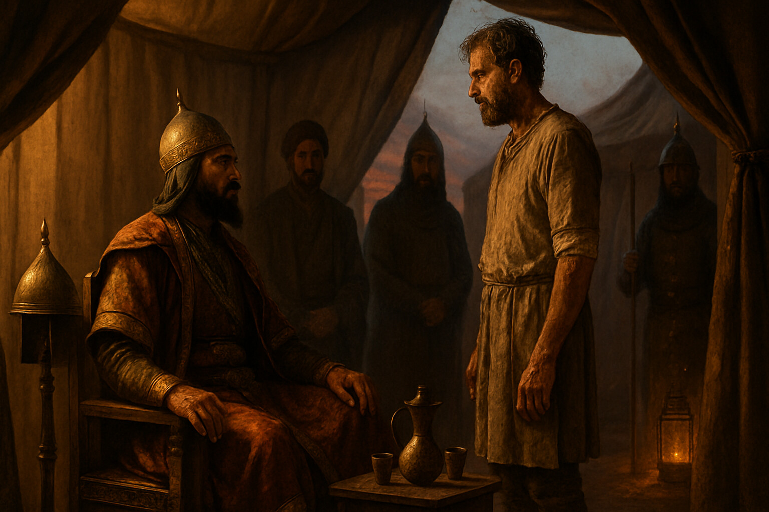 Intimate human scene: Romanos IV after capture, face to face with Alp Arslan in the Seljuk camp