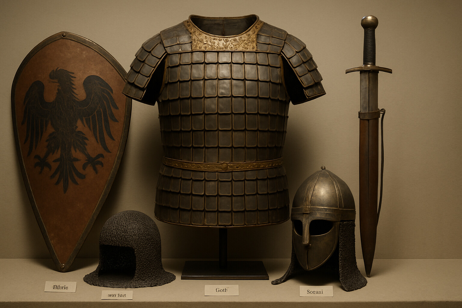 Equipment detail spread: Byzantine lamellar armor (klibanion) with labeled components, shown against a neutral museum-display background