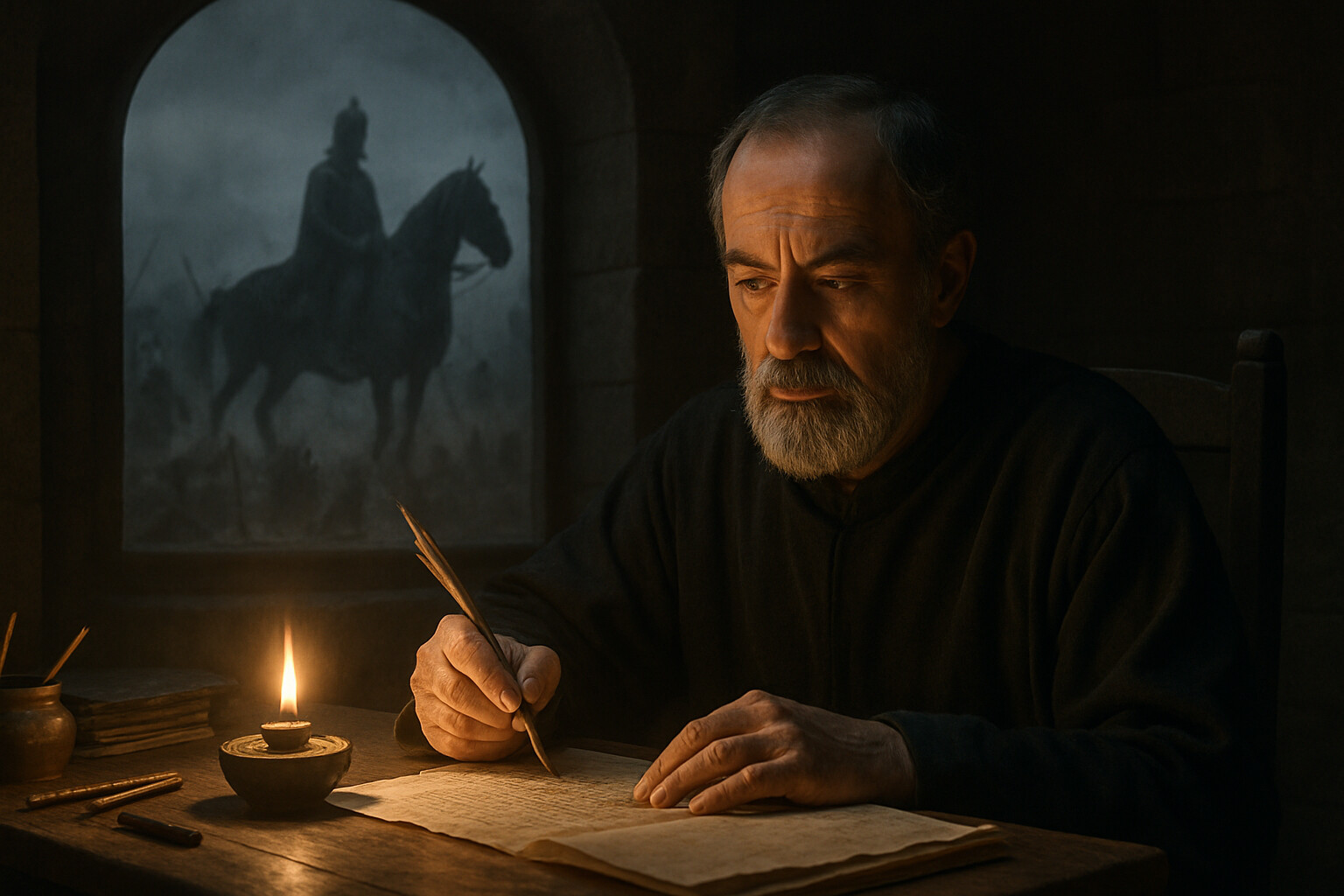 Aftermath and record: Michael Attaleiates writing his account by lamplight in a Constantinople scriptorium, the battle visible as a vision or memory in the background