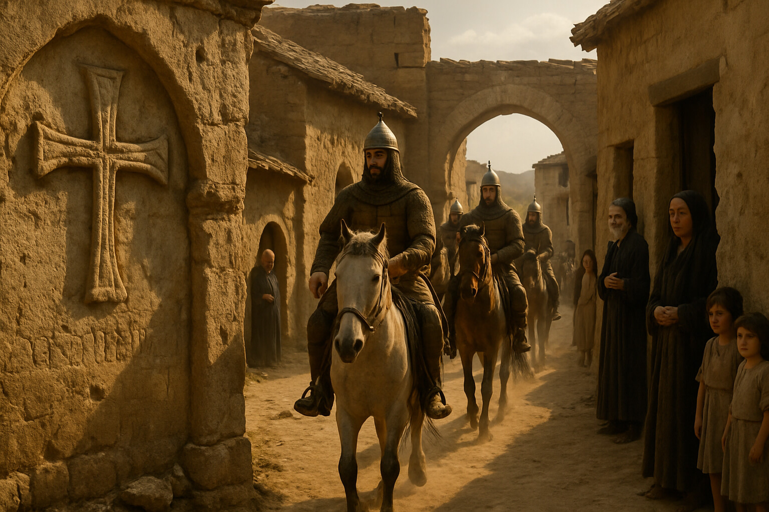 Legacy visual: the aftermath of Manzikert — Seljuk horsemen riding through a formerly Byzantine Anatolian town, with Byzantine crosses still visible on a crumbling church wall