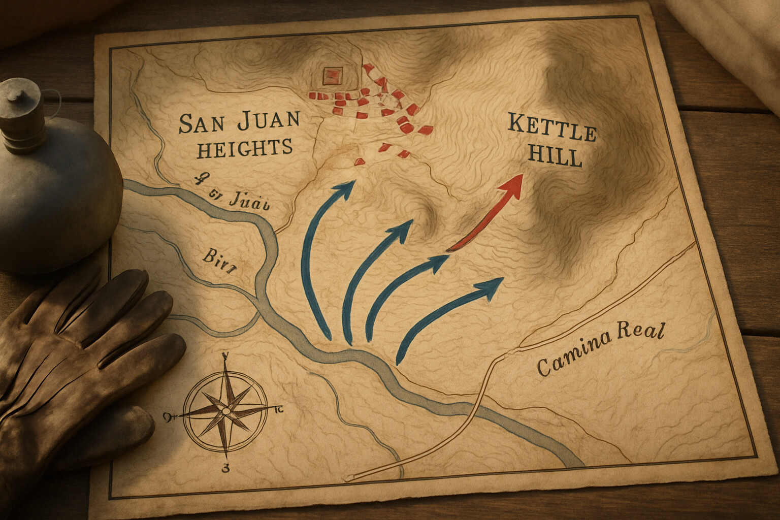 A tactical overhead map view of the San Juan Heights terrain showing Kettle Hill, the San Juan ridge, the Camino Real approach trail, and the American assault routes, rendered as a period military staff map with 1898 cartographic style.