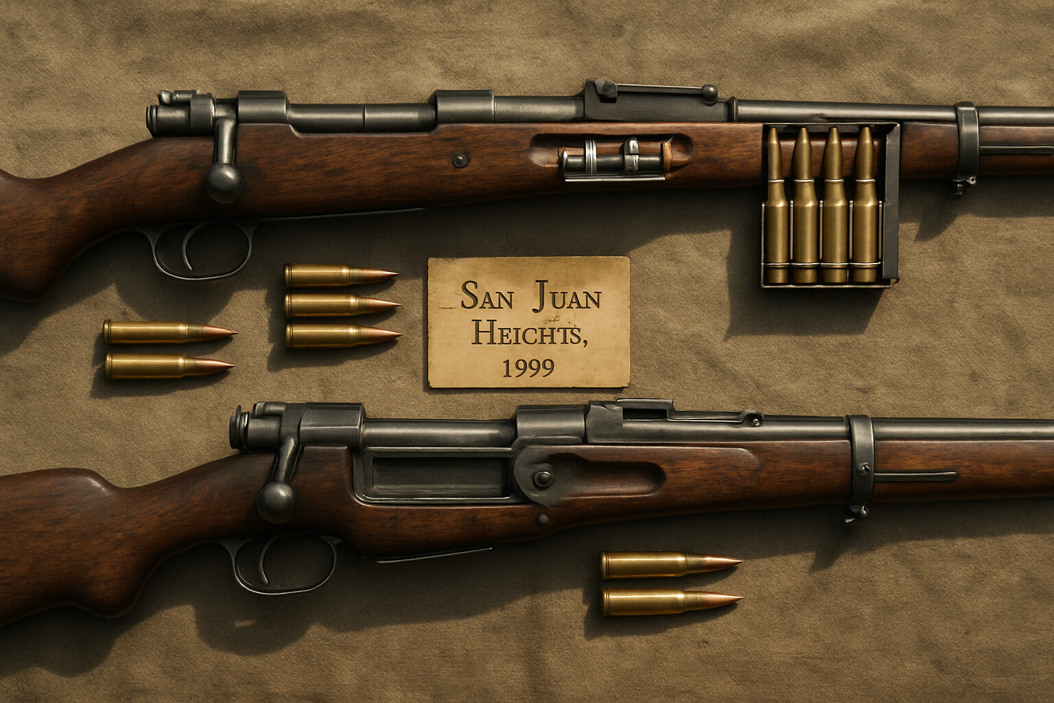 Close technical study of the Spanish Mauser Model 1893 rifle alongside the American Krag-Jørgensen, showing both weapons in detail with period ammunition—illustrating the tactical contrast between the two sides' primary arms at San Juan Heights.
