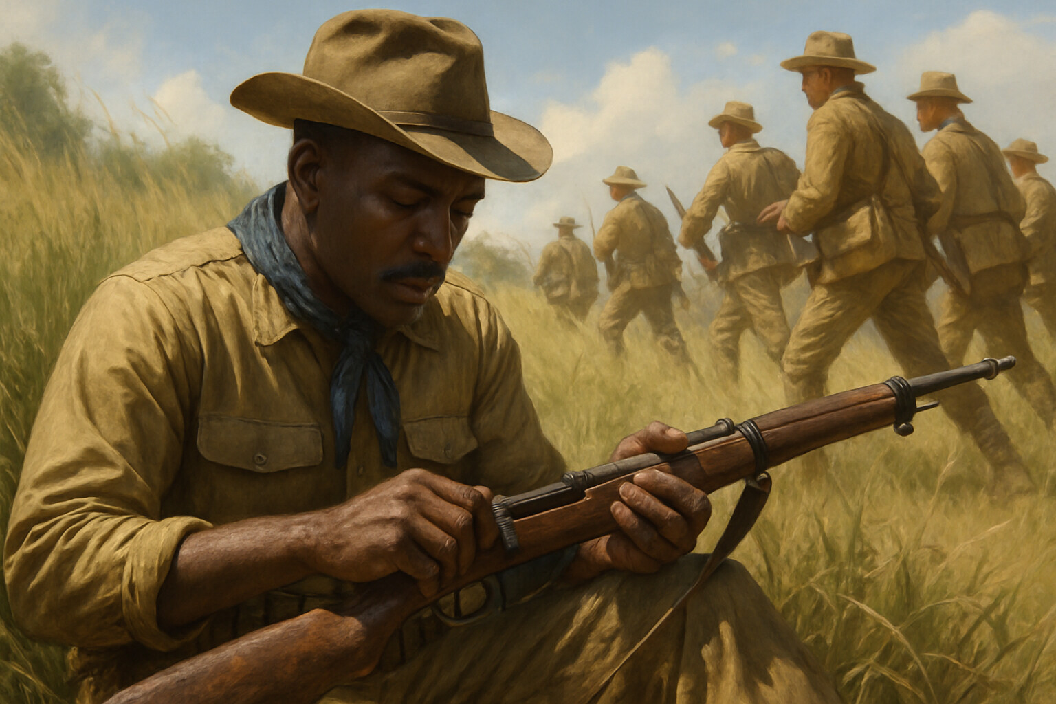 An intimate human scene: a Buffalo Soldier of the 10th Cavalry—a Black soldier in 1898 U.S. Army campaign uniform—resting briefly in the grass at the base of Kettle Hill, checking his Krag rifle, while other soldiers move past him in the background. The image captures both the humanity and the historical complexity of Black soldiers fighting in a segregated army.