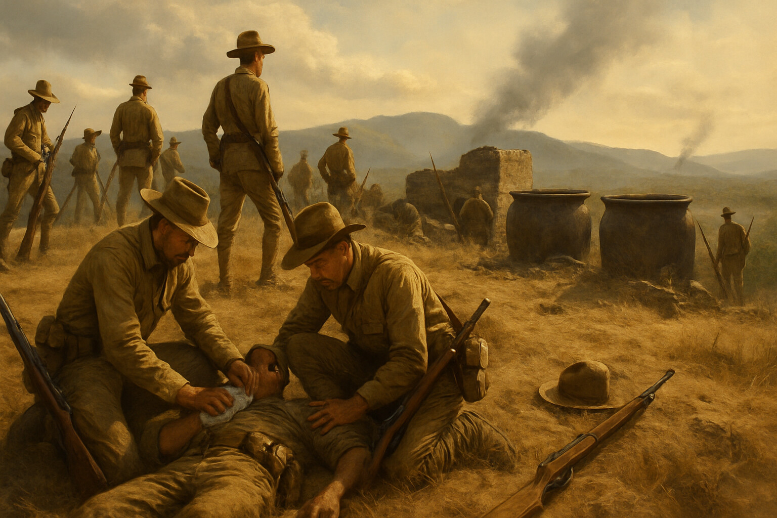 The crest of Kettle Hill immediately after the assault: American soldiers of mixed regiments stand and crouch along the ridgeline, looking west toward the San Juan ridge; the iron sugar kettles that gave the hill its name are visible nearby; men are catching their breath, some tending to wounded comrades.
