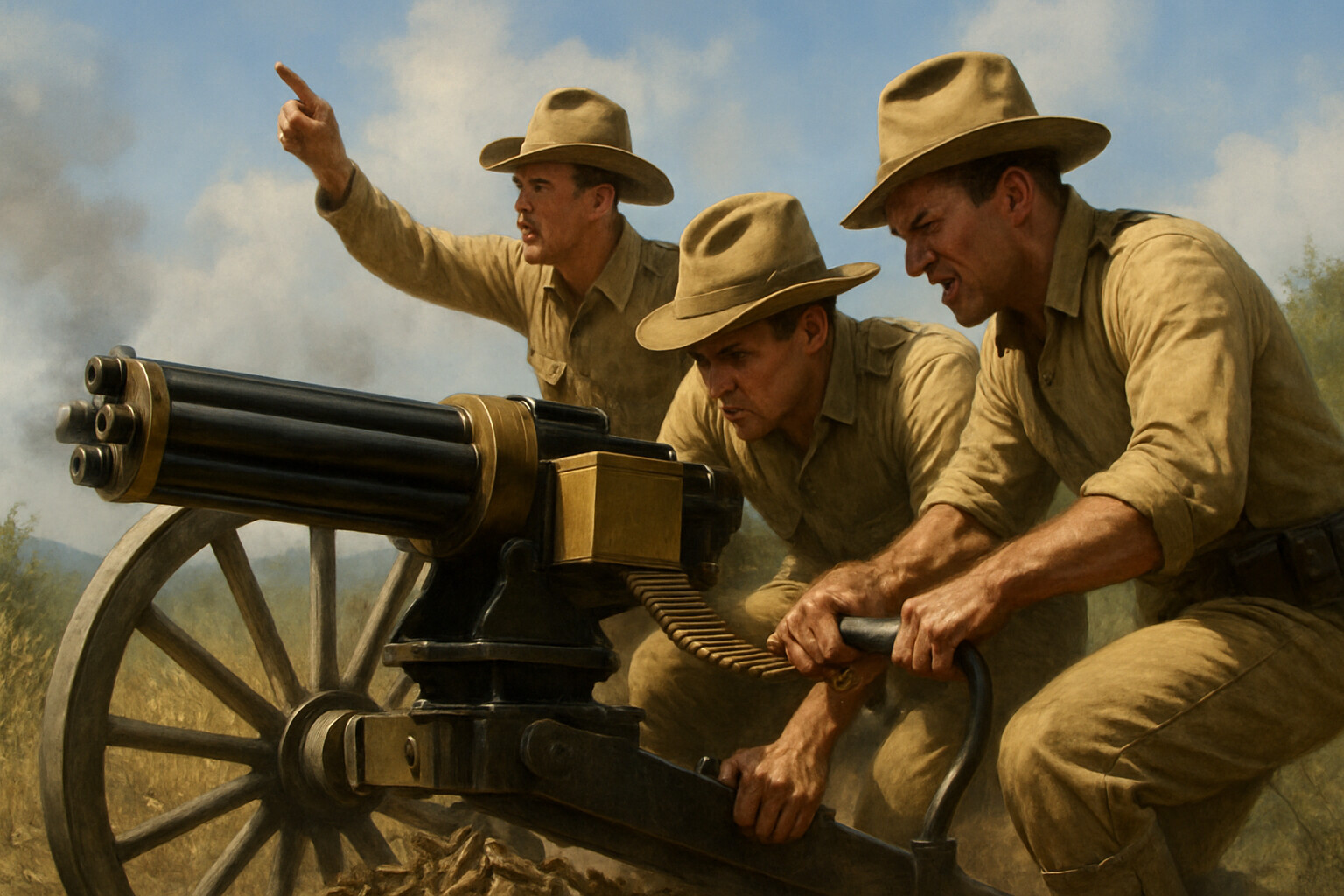 Lieutenant John Parker's Gatling gun crew in action: three men operating a Gatling Model 1895 gun on a wheeled carriage, cranking and feeding ammunition, the gun pointed toward the San Juan ridge; the scene conveys the mechanical intensity and physical effort of sustained Gatling fire in a critical battlefield moment.