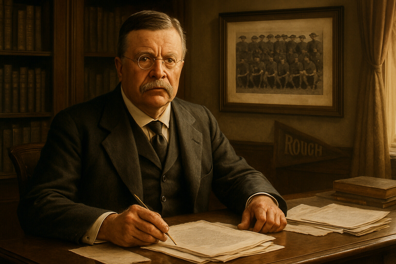 Theodore Roosevelt in later life at his desk at Sagamore Hill, writing or reviewing papers, with a photograph of the Rough Riders visible on the wall behind him—a legacy image that connects the man to the moment that defined him.