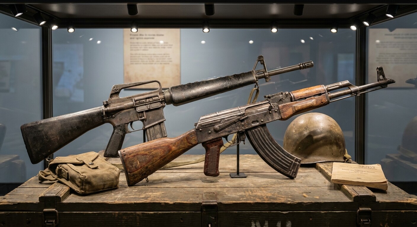 Vietnam-era M16A1 and AK-pattern rifle displayed with magazines and field gear.