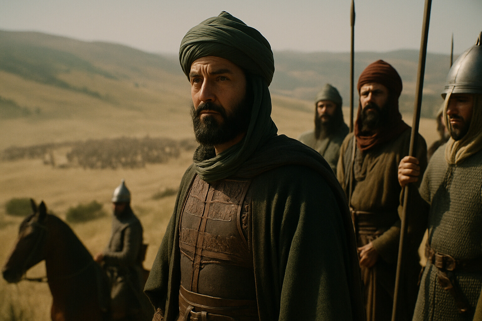 Portrait of Saladin in command — a composed, middle-aged leader watching the encirclement from a high point, his staff around him, the battlefield below him under the summer sun.