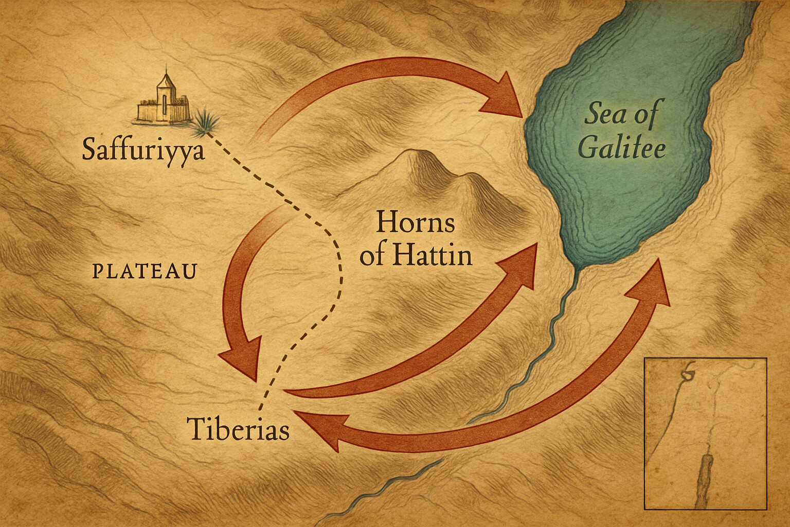 Map/route visual: the strategic situation — the Crusader march from Saffuriyya to the Horns of Hattin, with the Sea of Galilee and Tiberias visible, and the encircling Ayyubid forces indicated.