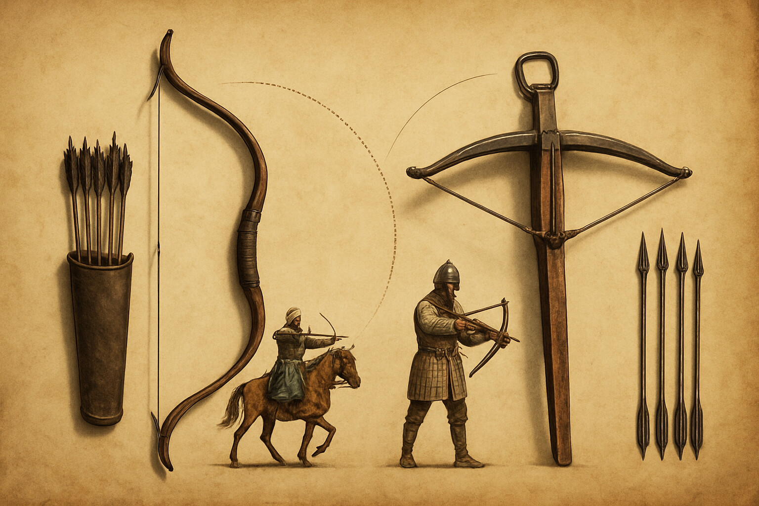 Equipment breakdown: side-by-side of the composite recurve bow (Ayyubid) versus the Crusader crossbow — showing the physical contrast and the tactical asymmetry.