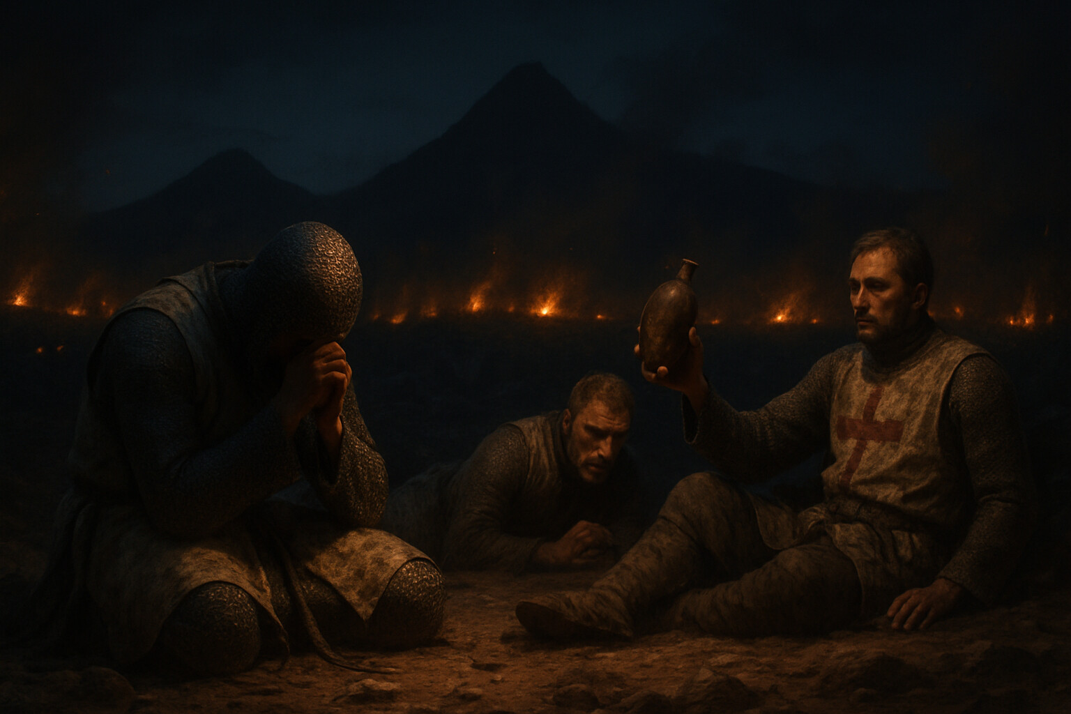 Intimate human scene: Crusader infantry on the night of July 3, camped on the plateau surrounded by Ayyubid fires. Men desperate for water, some praying, some simply lying in the dirt.