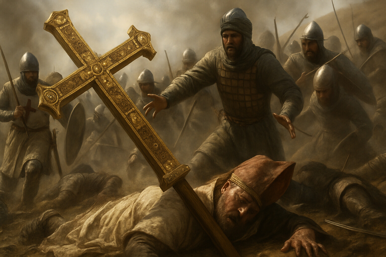 The fall of the True Cross: the moment when the Ayyubid forces capture the relic during the collapse of Crusader resistance on July 4.