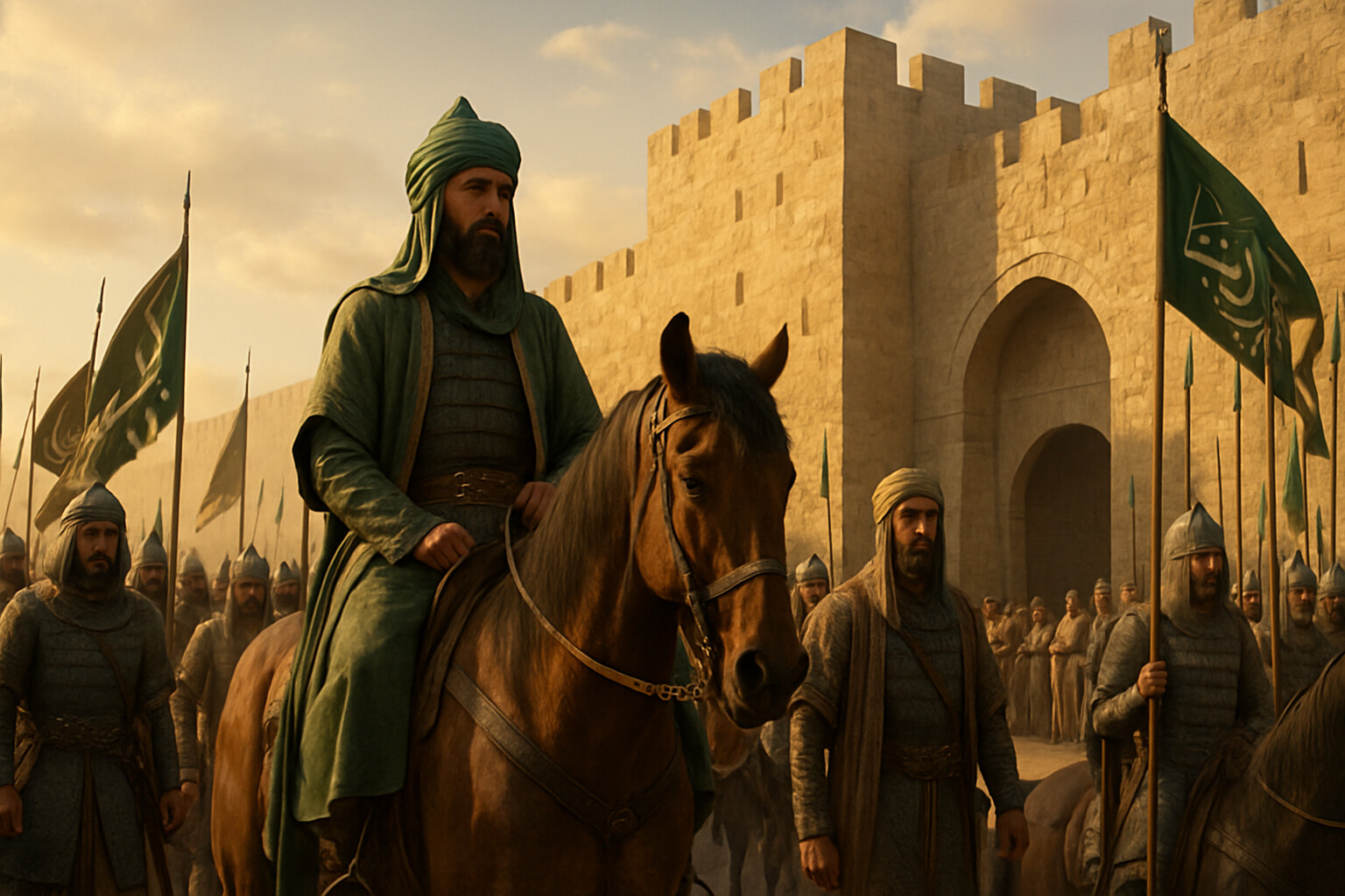 Aftermath and legacy: Saladin's entry into Jerusalem, October 2, 1187, with his army — the road from Hattin to the Holy City now open.