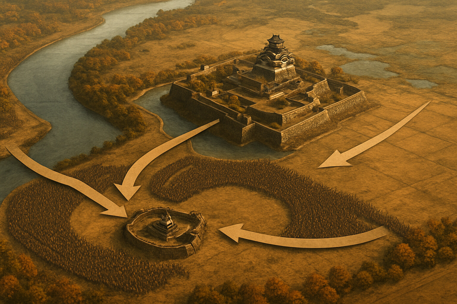 Wide overview map-style illustration showing the geography of the Osaka siege: the castle on its plateau, rivers and marshes to the north and west, the open Tennoji plain to the south, and the disposition of massive Tokugawa forces surrounding the castle's southern and western approaches during the Winter Campaign.