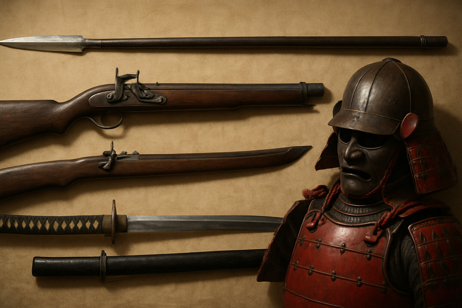 Equipment breakdown panel: A detailed, precisely rendered composition showing the key weapons and armor of the Osaka siege—a tanegashima matchlock arquebus, a yari spear, a tachi sword, and a section of red-lacquered tosei-gusoku armor laid out as if for inspection, against a neutral aged paper background suggesting a period document.