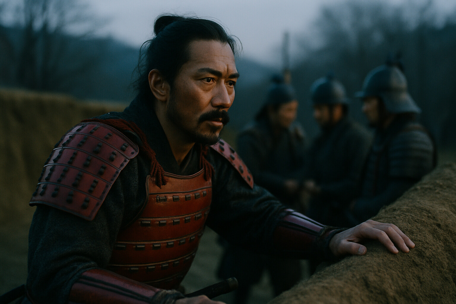 Intimate human scene: Sanada Yukimura in the Sanada-maru earthwork during the Winter Campaign, studying the terrain over the parapet in quiet predawn light. He is without his helmet, in his armor, one hand on the earthen wall, looking south toward the Tokugawa lines. A small group of his retainers behind him confer quietly. The scene conveys the weight of responsibility and the stillness before violence.