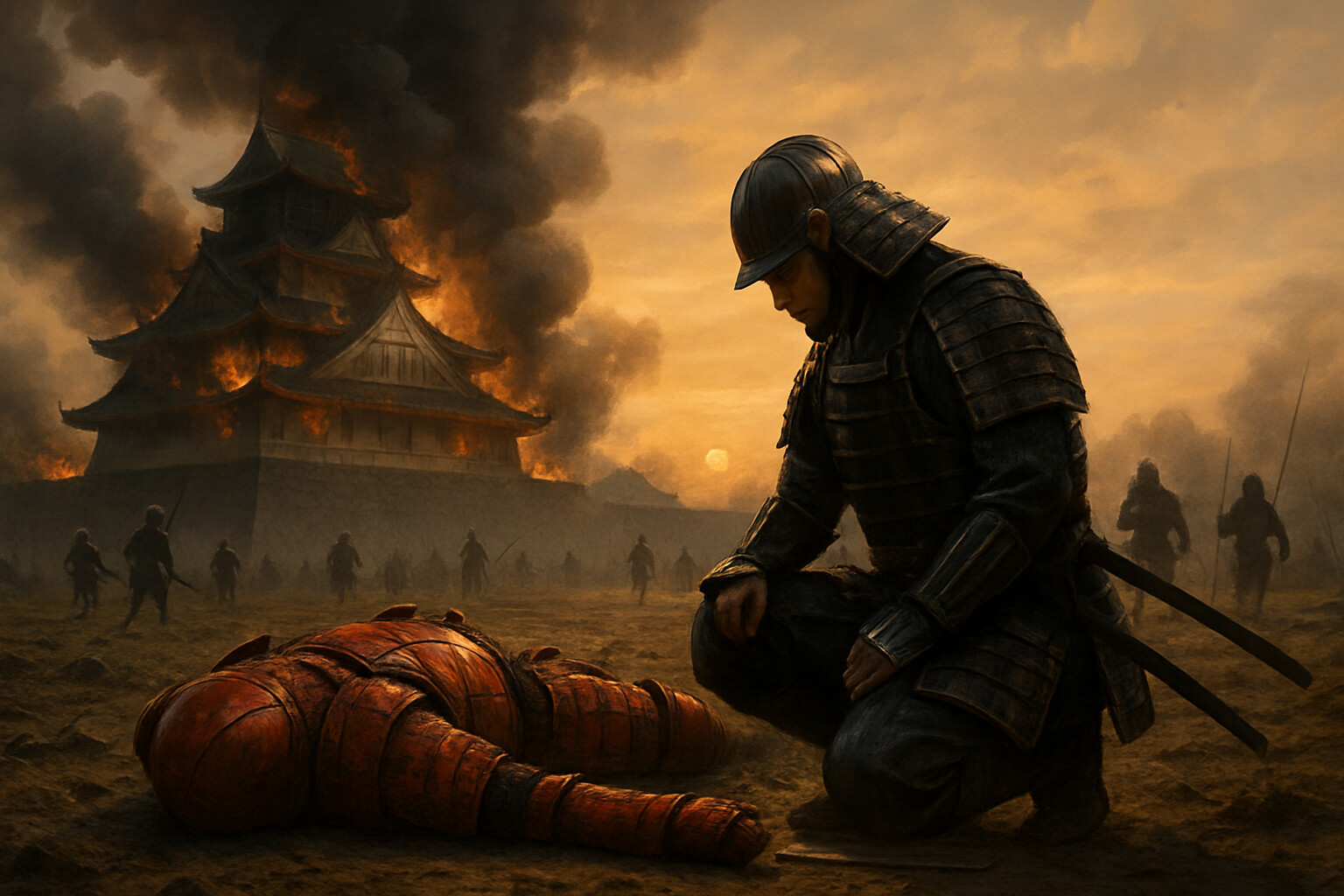 Aftermath and record scene: The ruins of Osaka Castle burning in the late afternoon of June 3, 1615. Smoke columns rise from the inner keep. Tokugawa soldiers move through the outer grounds. In the foreground, a Tokugawa samurai kneels briefly before a fallen red-armored figure on the Tennoji plain—the moment of a warrior's acknowledgment of a fallen enemy. The scene is sorrowful and dignified, not triumphalist.