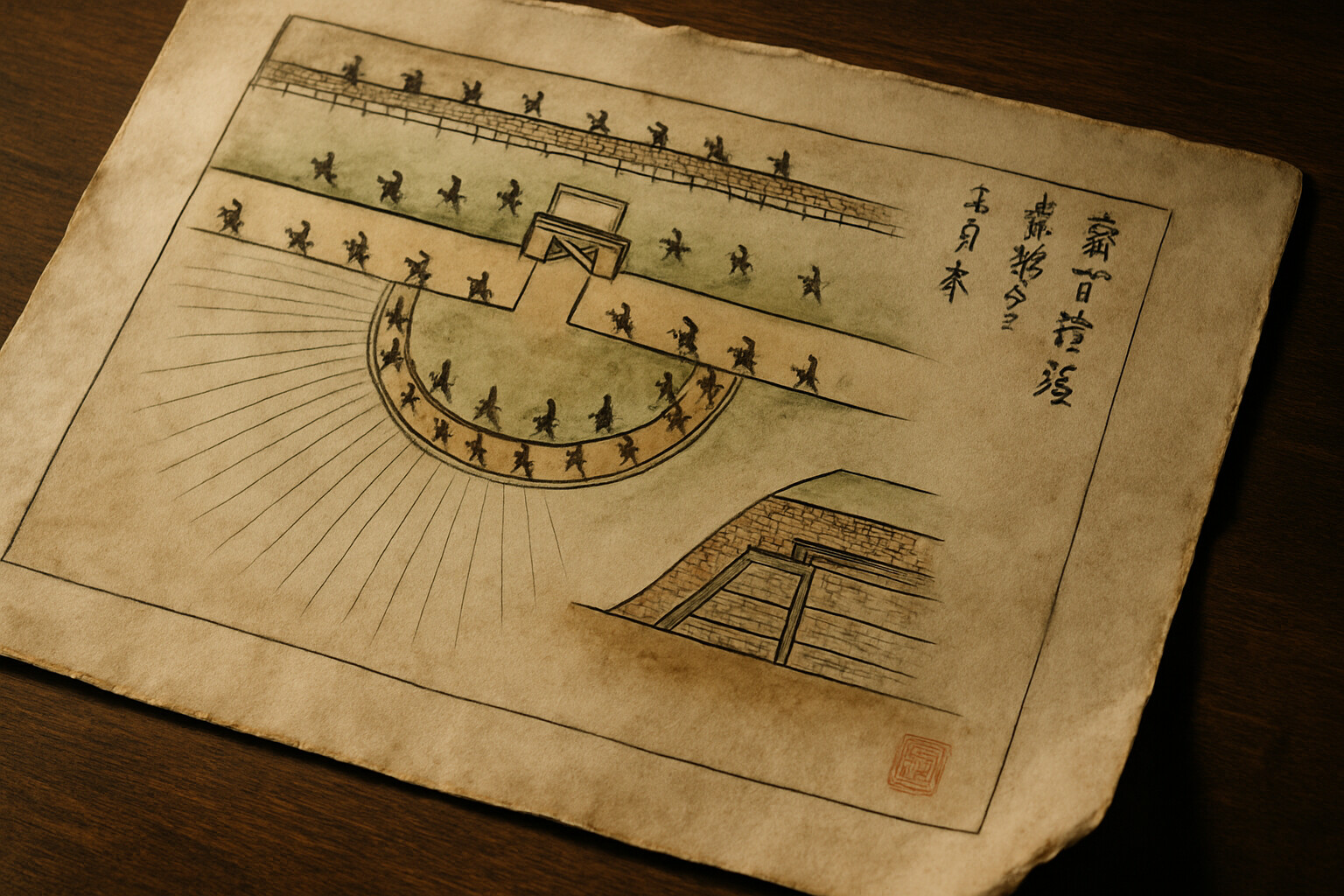 Source and technical diagram panel: A period-style illustrated document showing the construction and layout of the Sanada-maru earthwork fortification—a semicircular outwork projecting from the castle's southern defenses, with stylized defender positions, fields of fire indicated, and the earthen construction visible in cross-section at one edge. Rendered as if it were a detailed historical military engineering document.