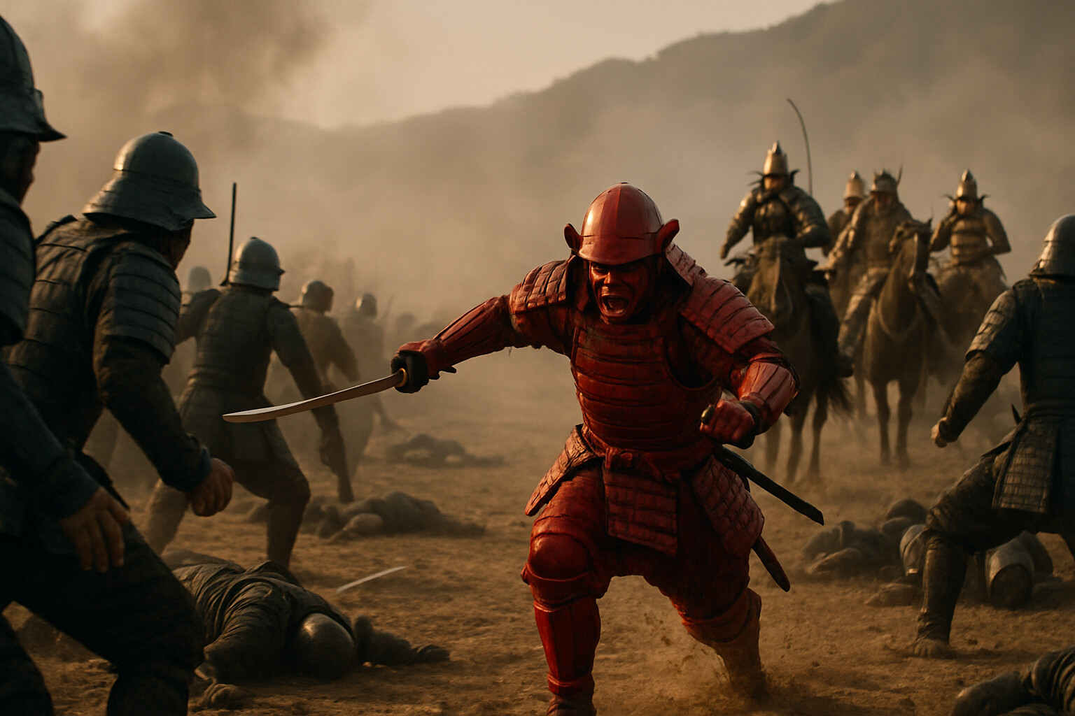 Story-specific additional visual: The moment Yukimura's charge breaks through the Tokugawa vanguard and his red-armored figure becomes visible to Ieyasu's command group in the distance—Ieyasu's bodyguards closing around him, alarm visible, while in the foreground the red samurai drives forward through the parting Tokugawa line, sword raised. The visual distance between the two commanders conveys what was almost reached.