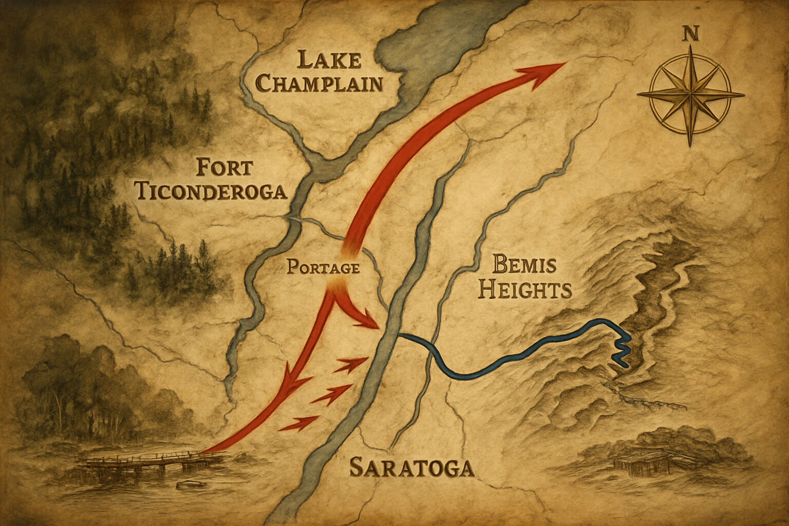 Map/route overview: Burgoyne's campaign route south from Canada through Lake Champlain and down the Hudson Valley toward Saratoga, showing the lengthening supply line and the American blocking position at Bemis Heights.