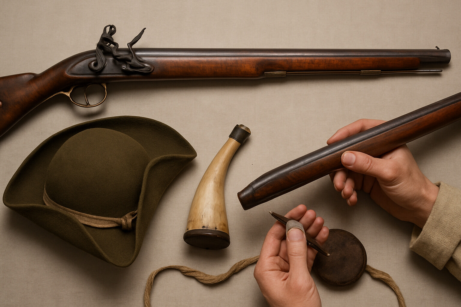 Equipment detail: Morgan's riflemen in the forest, showing the Pennsylvania long rifle in detail—its long barrel, curved stock, and the rifleman loading with a patched ball.