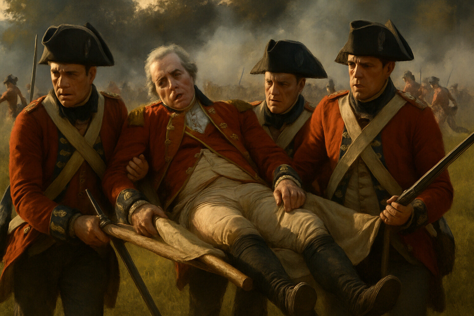Intimate human scene: Brigadier-General Simon Fraser, mortally wounded, being carried from the field by his men on October 7, 1777, while the battle rages around the Balcarres position.