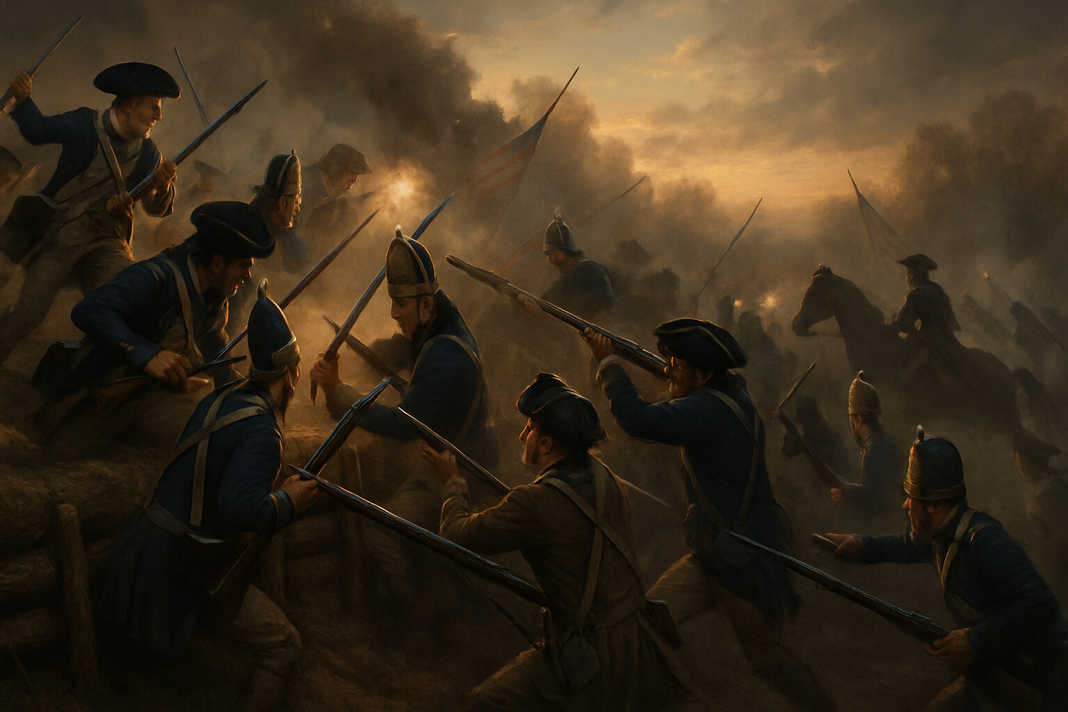 Main action scene: the American assault on the Breymann Redoubt on October 7, Continental infantry and riflemen swarming the German earthworks at dusk as the British right flank collapses.