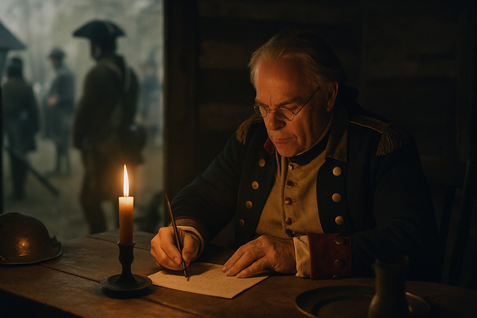 Aftermath and record: Gates at his field headquarters at the Neilson farmhouse, writing his official report to Congress by candlelight the evening after the October 7 battle, the sounds of an army standing down outside.